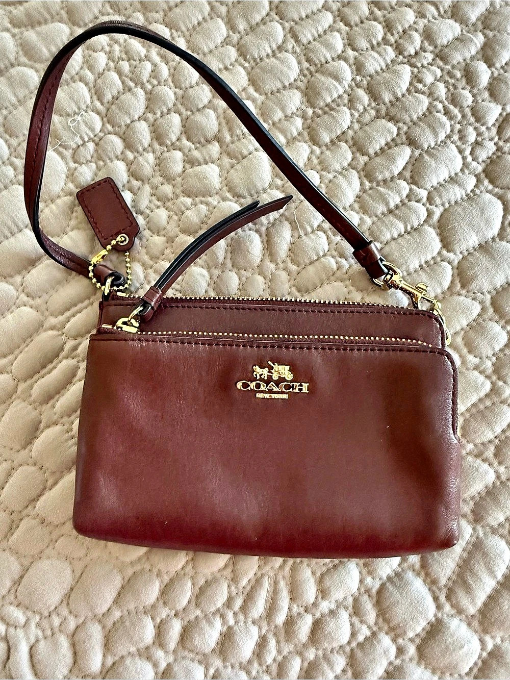 Coach Double Zip Corner Wristlet in Pebbled Leather Brown Crossbody Bag